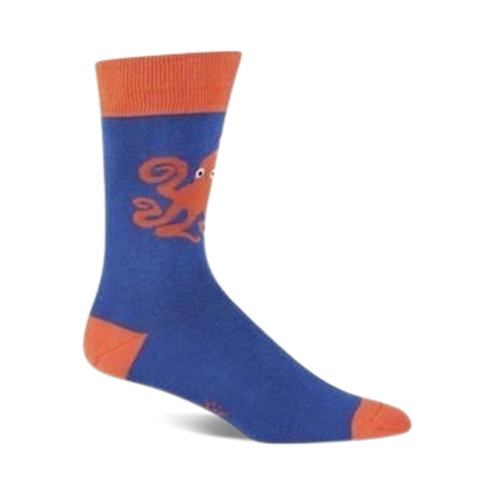 Blue crew socks with an orange octopus design. The socks have an orange cuff and toe. }}