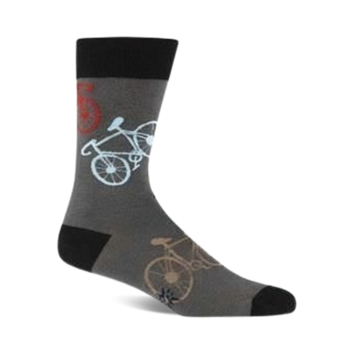 Gray crew socks featuring a repeated pattern of light blue and beige bicycles. Black cuff and sole. }}
