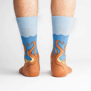 Rear view of a person wearing the Squid-O socks, showcasing the complete design on both socks.