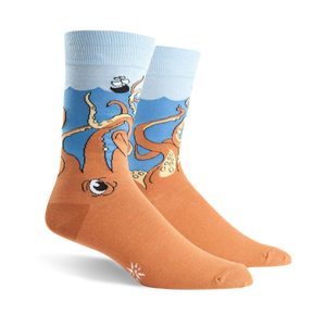 Pair of crew socks; orange body with a blue ocean top and cartoon octopus design, a sinking ship is partially visible above the octopus.