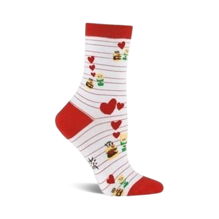 Crew socks in white with red stripes and accents. The design includes red hearts and cartoon burgers and fries. }}