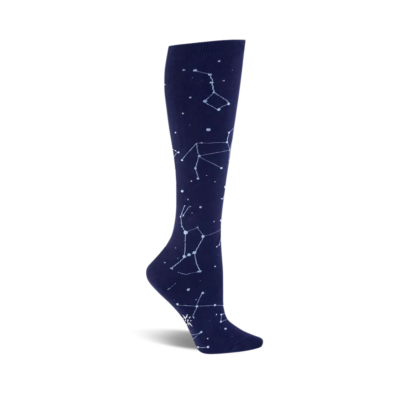 Knee-high socks in navy blue with a pattern of light blue constellations. A stylish and comfortable design for everyday wear.