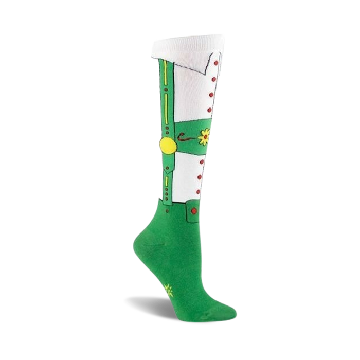Knee-high socks showcasing a lederhosen design. Primarily green and white with yellow and red accents. }}