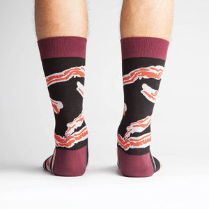 Back view of the socks highlighting the maroon cuff and bacon design.
