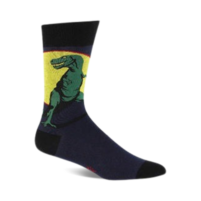 Crew socks in navy blue, featuring a green T-Rex illustration against a yellow sun graphic. }}