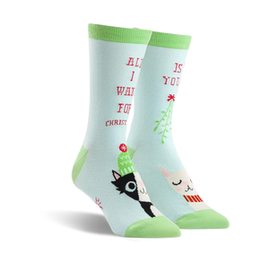  light blue women's crew socks with black and white cats wearing santa hats and mistletoe, words 