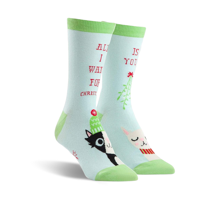  light blue women's crew socks with black and white cats wearing santa hats and mistletoe, words 