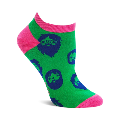 Ankle socks with a green base and hot pink trim, featuring a repeating pattern of navy blue bearded faces.
