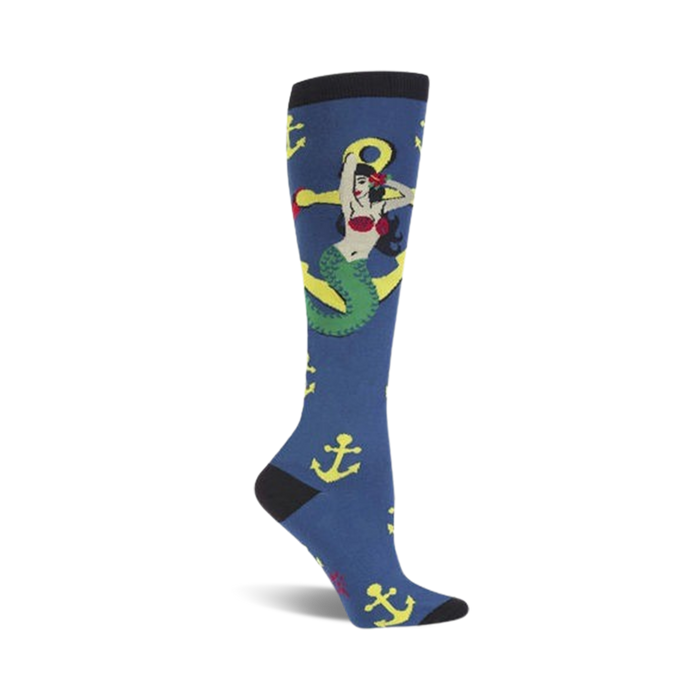 blue knee-high women's socks featuring yellow anchors and red-haired mermaids in red bikini tops.   }}