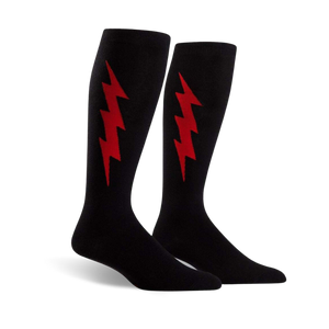 Pair of black knee-high socks with a red lightning bolt graphic on each.  Superhero-themed design.