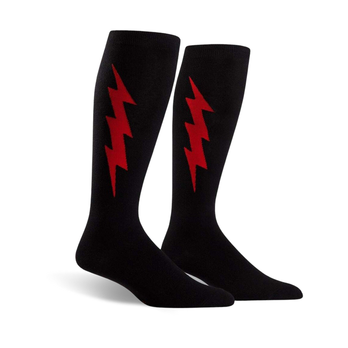 Pair of black knee-high socks with a red lightning bolt graphic on each.  Superhero-themed design.
