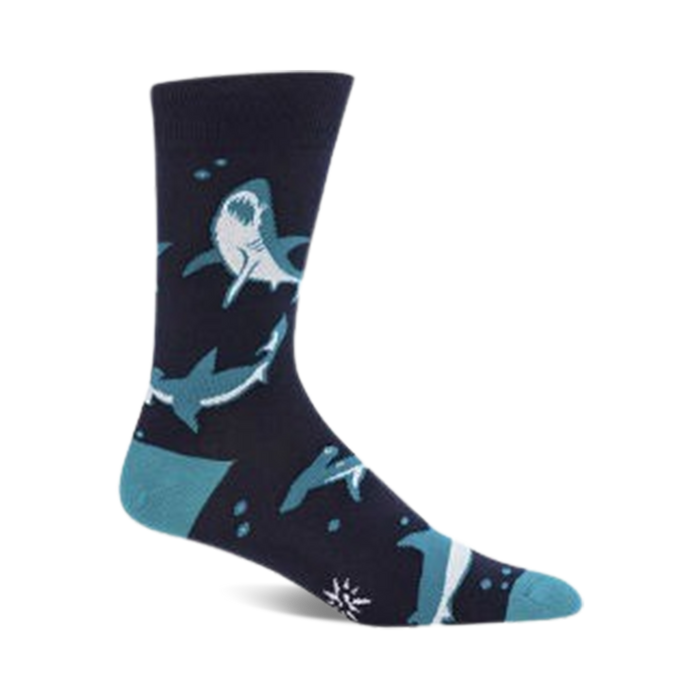 Crew socks in navy blue and teal featuring a fun shark design. The sharks are in various poses, and the background includes small bubbles. }}