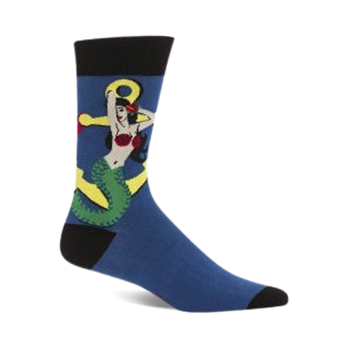 Crew socks in blue with a graphic design of a vintage-style mermaid wrapped around a yellow anchor. Black cuff. }}