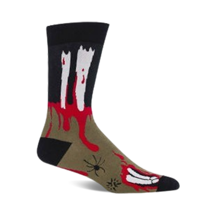 Crew socks in black, olive green, and red, showcasing a zombie-themed design with bloody bone fragments and a spider graphic. }}
