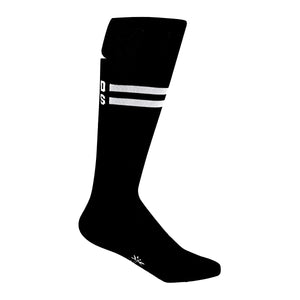 Close-up of a single black knee-high sock with white stripes and partial 'Bad Ass' graphic.