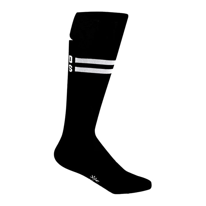 A pair of black knee-high socks with the words 