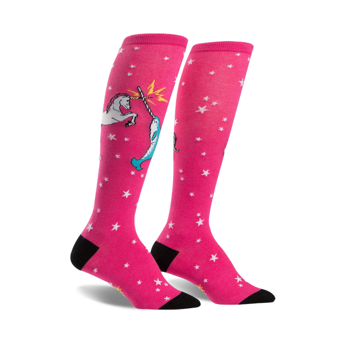 pink knee-high socks, unicorn vs. narwhal design, women's, cotton blend.    }}