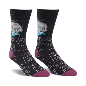 mens black crew socks with a repeating pattern of albert einstein's face.  
