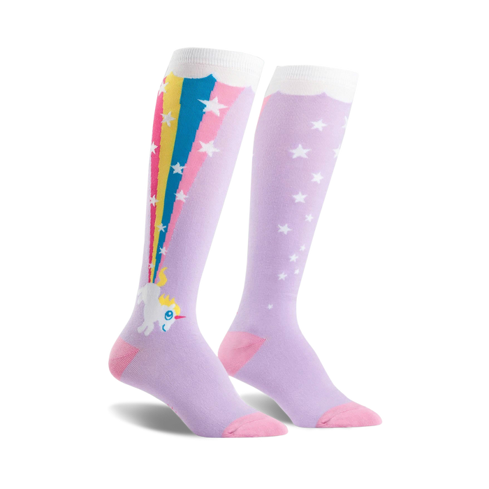  bright purple knee high socks covered in white stars, a rainbow, and unicorns pooping rainbows.    }}