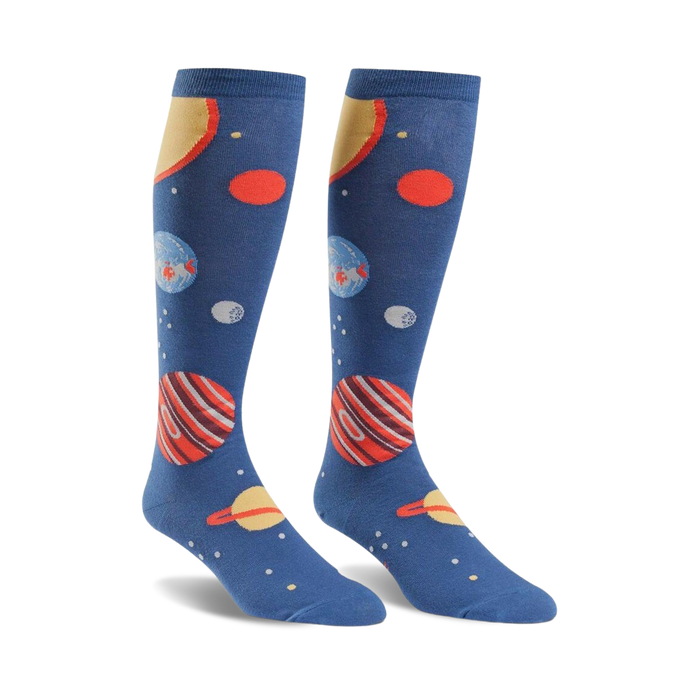 knee-high planet socks in blue with star and moon pattern. for men and women.   