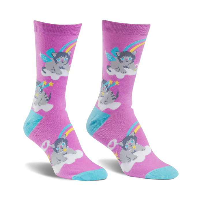 Crew socks in purple with a repeating pattern of gray kittens with wings sitting on clouds, rainbows, and shooting stars. Teal accents at the cuffs. }}