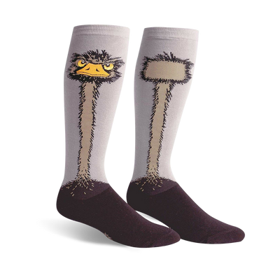 Pair of knee-high socks with an illustrated ostrich design. One sock shows the ostrich's head, the other its neck and body. Colors are light gray, brown, and dark purple.