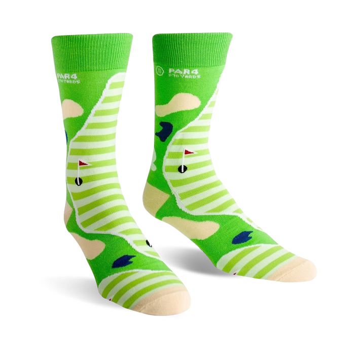 green and white striped crew golf socks with golf course design. fairways, greens, sand traps, and golf flag.   }}