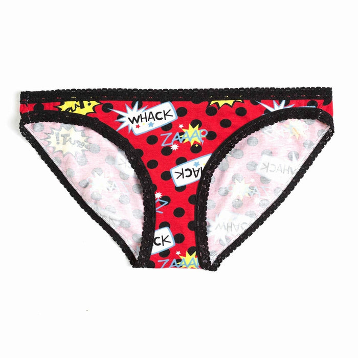 Red hipster socks with black polka dots and comic book-style words like 'WHACK' and 'ZAP'. Black lace trim. }}