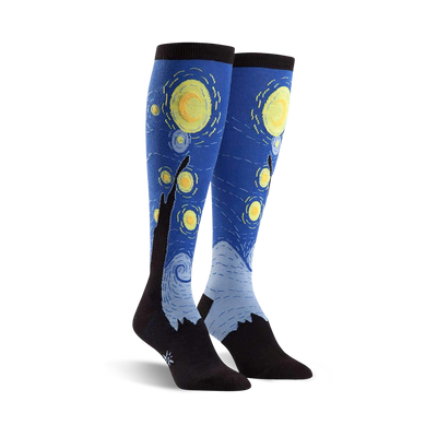 Pair of knee-high socks showcasing Van Gogh's Starry Night. Blues, yellows, and blacks are prominent in the design, with swirling brushstrokes and stars.