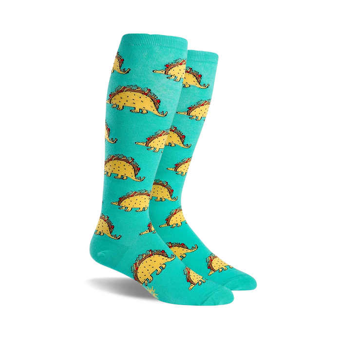 women's teal knee high wide calf socks with fun dinosaur taco pattern.  