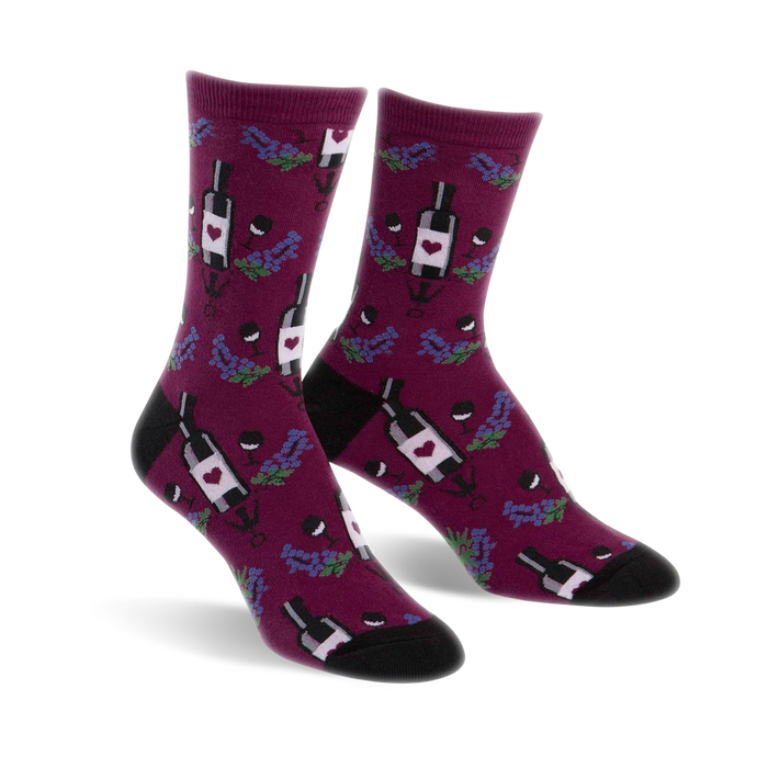 dark red crew socks with a pattern of wine bottles and grapes. womens' size.   }}