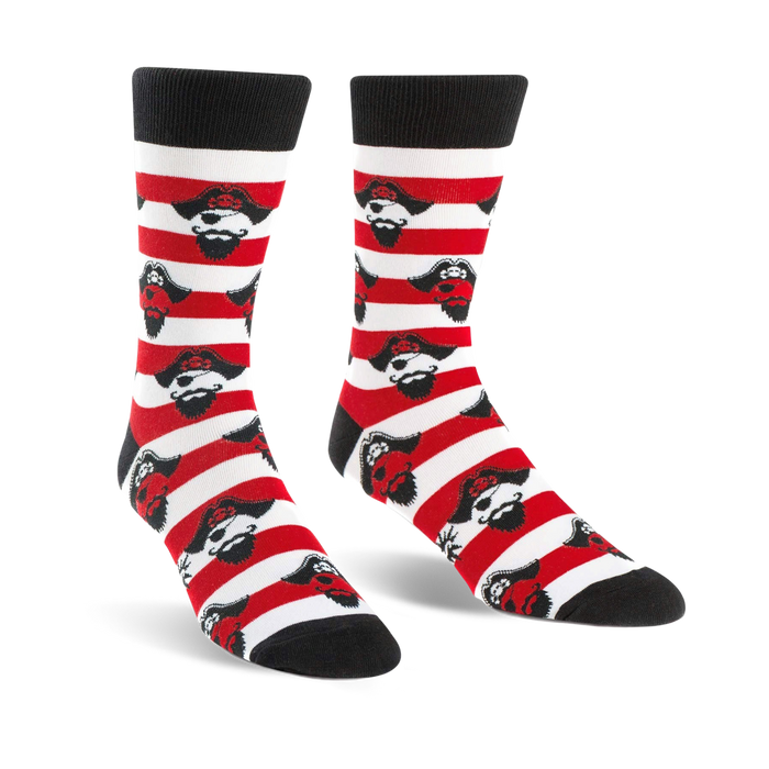 A pair of crew socks in red and white stripes, featuring repeating illustrations of a pirate's face. }}