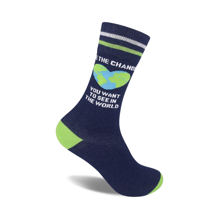 Crew socks in navy blue with lime green accents. Features a design of a heart-shaped Earth and the text 'Be The Change'. }}