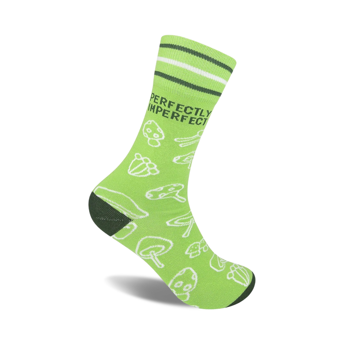 Lime green crew socks with a white mushroom pattern and 'Perfectly Imperfect' text. Dark green stripes at the top. }}