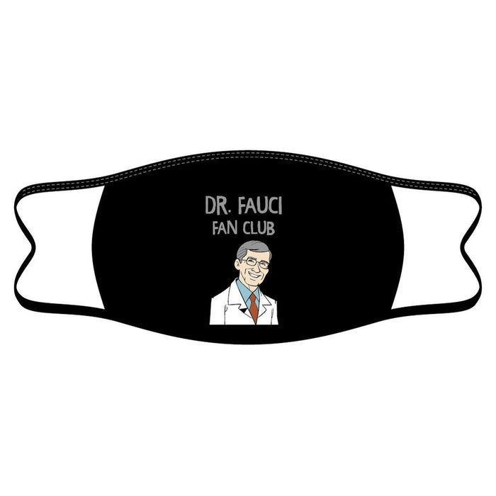 fauci fan club face mask socks. black socks with a cartoon of dr. fauci wearing a lab coat and a serious expression. available for men and women.   }}