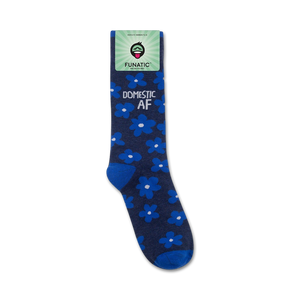 A flatlay studio shot of a single sock on a white background showing the sock's packaging.
