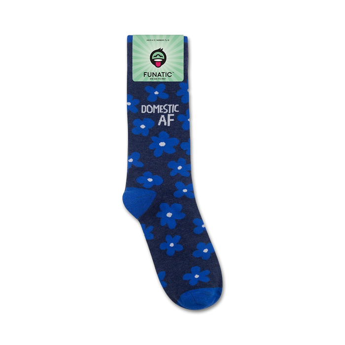 A flatlay studio shot of a single sock on a white background showing the sock's packaging.