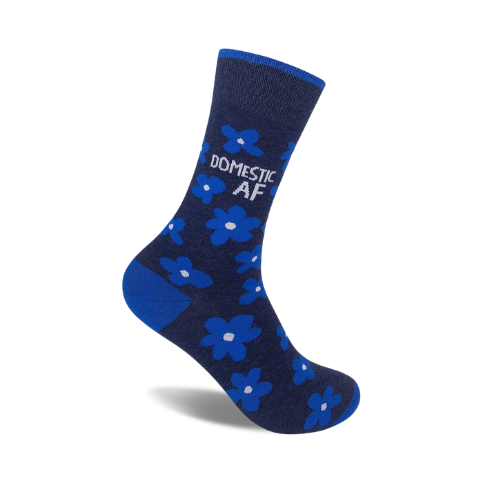 mid-calf socks with a pattern of light blue flowers and the words 