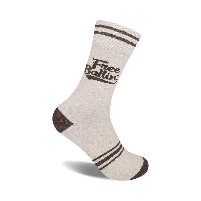 Off-white crew socks with brown stripes near the top and heel. Features a brown 'Free Ballin'' logo. }}