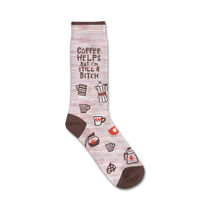 Cream-colored crew socks with brown coffee-themed illustrations and the text 'Coffee Helps But I'm Still A Bitch'. }}