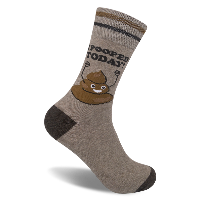 Tan crew sock with dark brown heel, toe, and cuff stripes, featuring a happy poop cartoon and I POOPED TODAY! text.