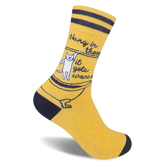 Mustard yellow crew sock with navy stripes. Features a white cat hanging over a tub and Hang in there, it gets worse text.