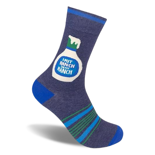 Navy crew sock with a ranch dressing bottle that says I Put Ranch On My Ranch, blue accents, and stripes.