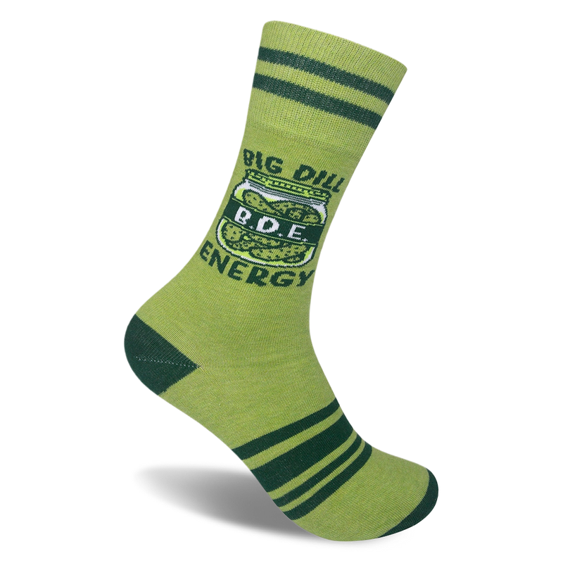 Light green socks with dark green stripes, heel, and toe. The ankle features a pickle jar reading BIG DILL B.D.E. ENERGY.
