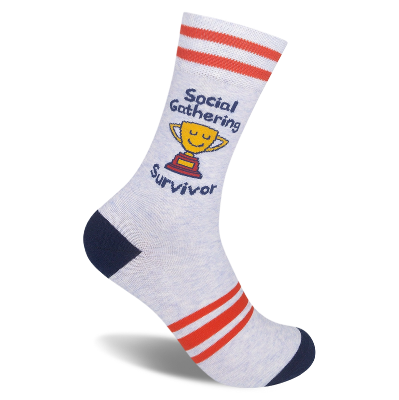 Heather grey crew sock with navy toe and heel, red stripes, and a smiling yellow trophy reading Social Gathering Survivor.