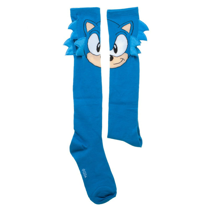 Flatlay showcasing a pair of Sega Sonic knee-high socks, highlighting the design details.