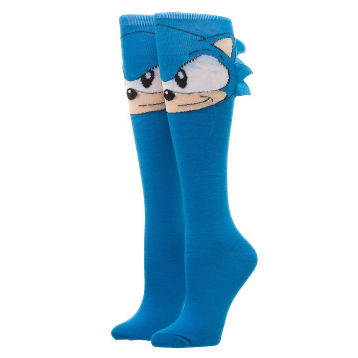 Pair of blue Sonic the Hedgehog knee-high socks.  Features a large Sonic face and 3D quills.