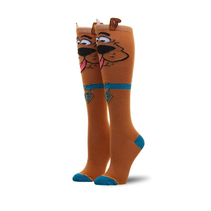 Pair of brown knee-high socks with Scooby Doo's face and floppy ears as 3D design elements. Teal accents on collar and heel. }}
