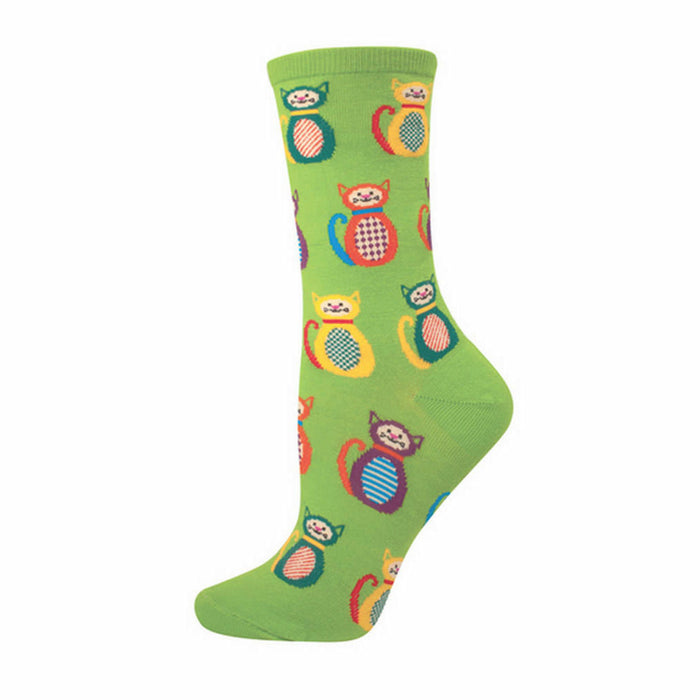 Crew socks in lime green with a pattern of colorful patchwork kitties. The cats are in various colors, including red, yellow, and blue. }}