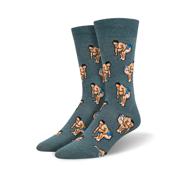 alt text:  men's sumo slam crew socks in gray with a pattern of sumo wrestlers in blue mawashi loincloths.   }}